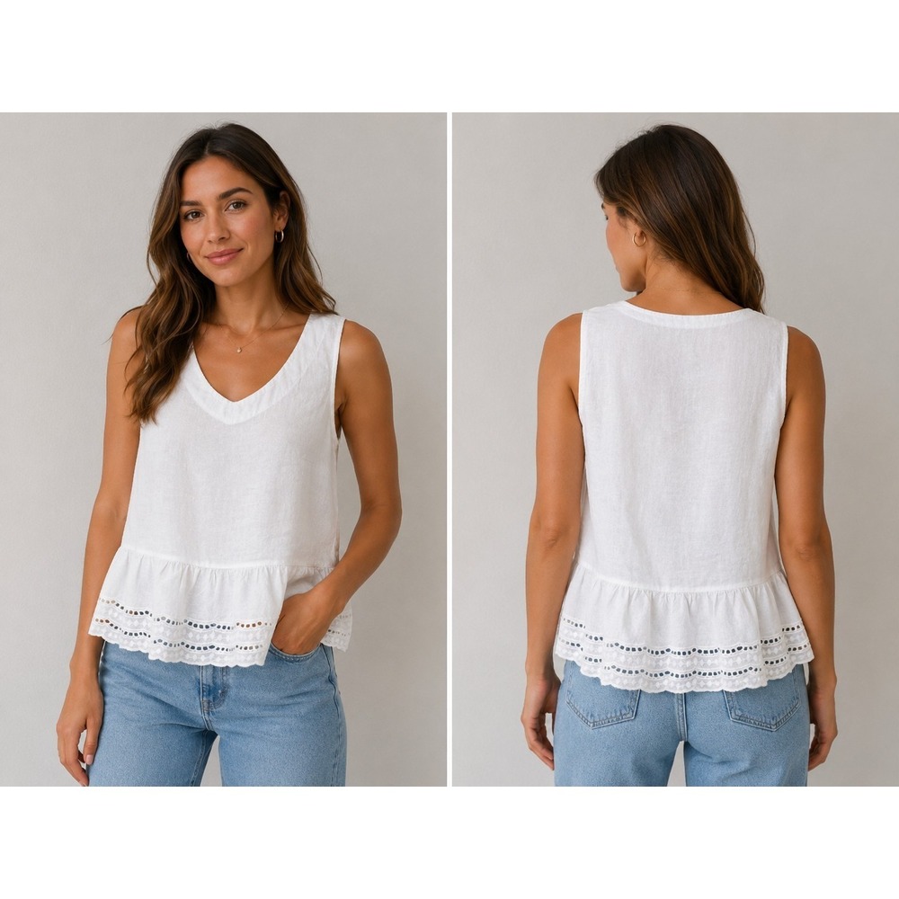 Valentina Naldi Tank Top Women L White 100% Linen Sleeveless Scallop Hem Coastal